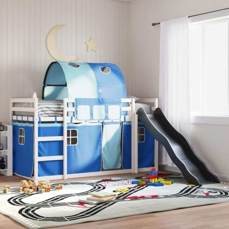 Vidaxl Etagenbett mit Rutsche und Gardinen aus Kiefer Massivholz in Blau, B/T/H: 90 x 190 x 113 cm - Bild 1
