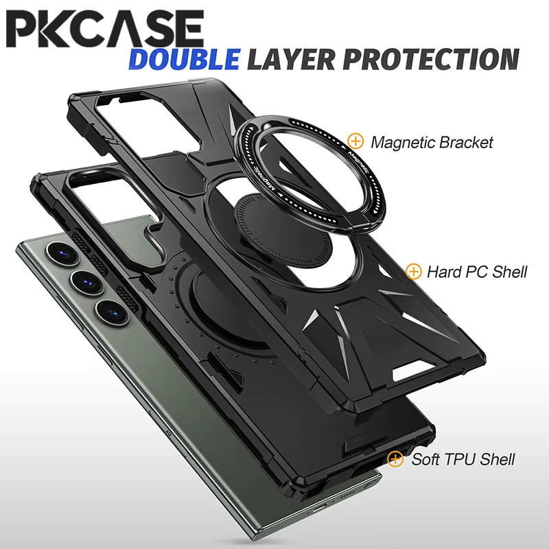 PKCASE stoßfeste Ring-Stand-Hülle mit magnetischer kabelloser Lade-Halterung für Samsung Galaxy S25, S24 Ultra und S23 FE Plus in Schwarz und Grün - Bild 5
