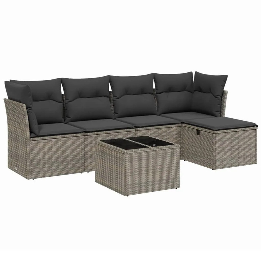vidaXL 6-teilige Garten-Sofagarnitur in L-Form mit Kissen und Tisch, Grau, Poly Rattan und Metallrahmen - Bild 2