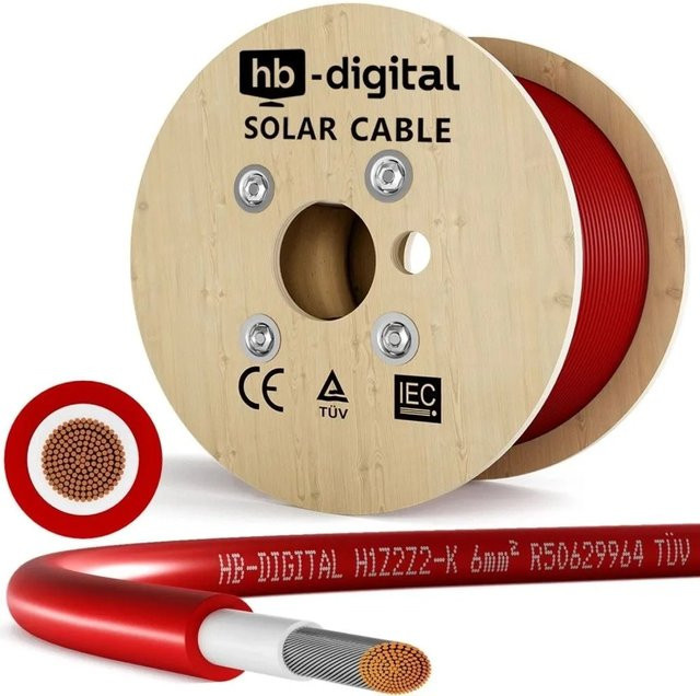 hb-digital Solarkabel 6 mm² H1Z2Z2-K Photovoltaik Kabel für PV Anlagen, Rot, 500 m - Bild 1