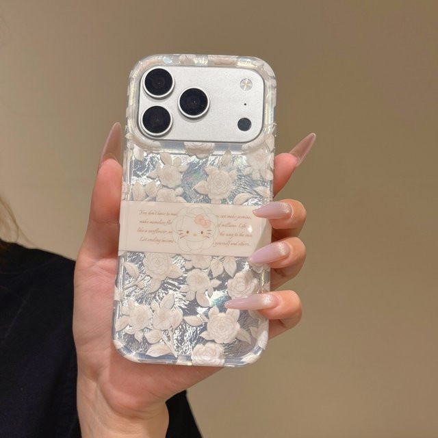 Sanrio Hello Kitty Handyhülle mit weißem Rosen-Druck in Transparent, stoßfeste Schutzhülle für iPhone 17 16 15 14 Pro Max - Bild 1