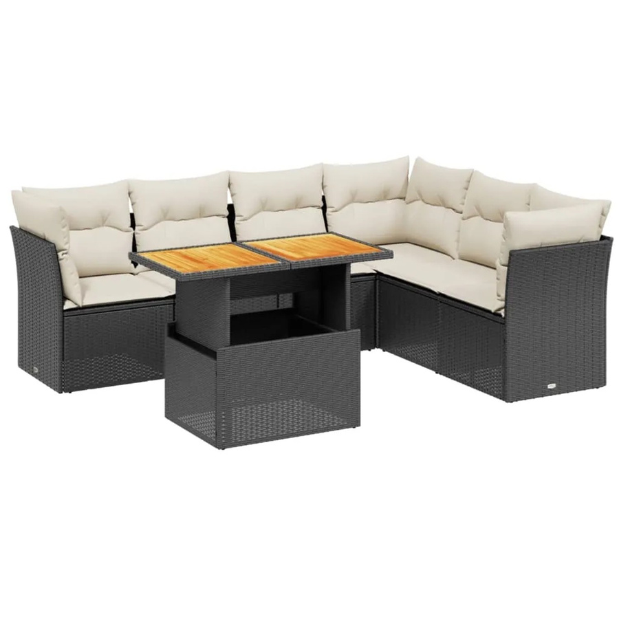 vidaXL 7-teilige Garten-Sofagarnitur in L-Form aus Poly-Rattan und Akazienholz mit Kissen, Schwarz-Creme - Bild 2