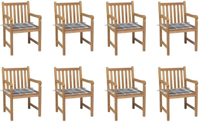 vidaXL Gartenstuhl-Set aus Teak-Massivholz mit 8 grauen Karomuster-Kissen - Bild 1