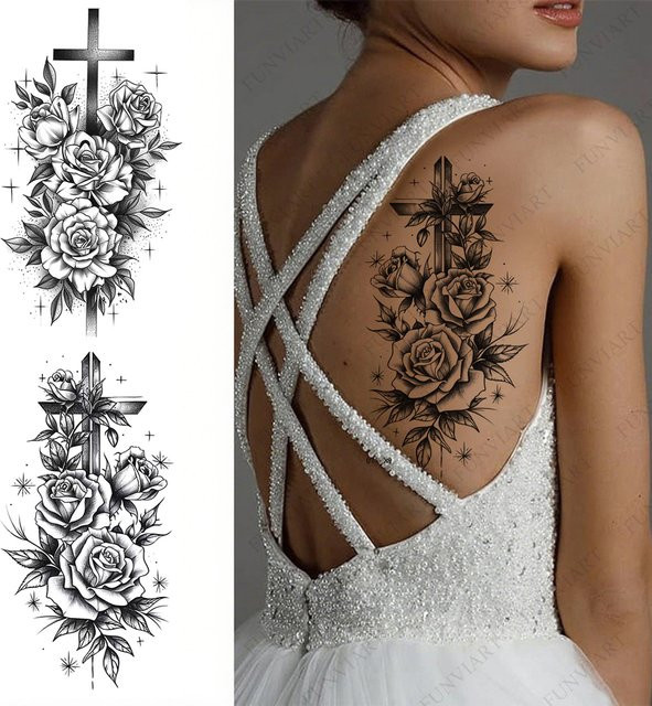 FUNVIART Einweg-Tattoos, schwarze Blumen und Kreuze, Damen - Bild 1
