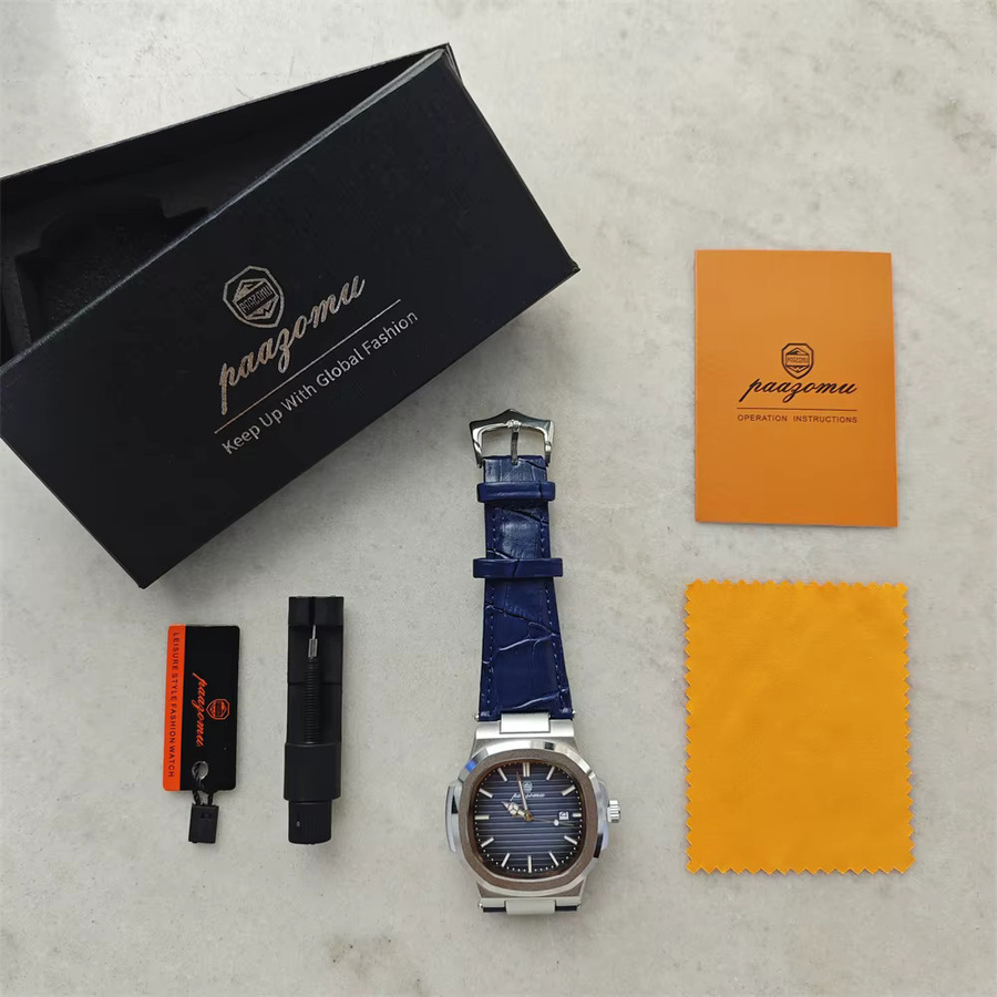 PAAZOMU Herrenuhr, Quarz, Eckig, Blau, Leder, Edelstahl, Herren - Bild 2