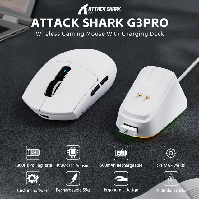 ATTACK SHARK G3PRO Gaming-Maus mit magnetischer Ladestation, PixArt PAW3311 Sensor, kabellos via Bluetooth oder 2,4 GHz sowie kabelgebunden, Farben: Schwarz oder Weiß - Bild 1
