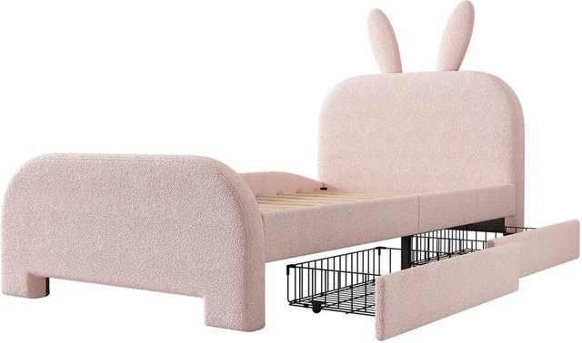 KOMHTOM Kinderbett in Hasenform mit zwei Schubladen, Rosa, gepolstert aus Schafwolle, B/T/H: 90 x 200 x 116 cm - Bild 1