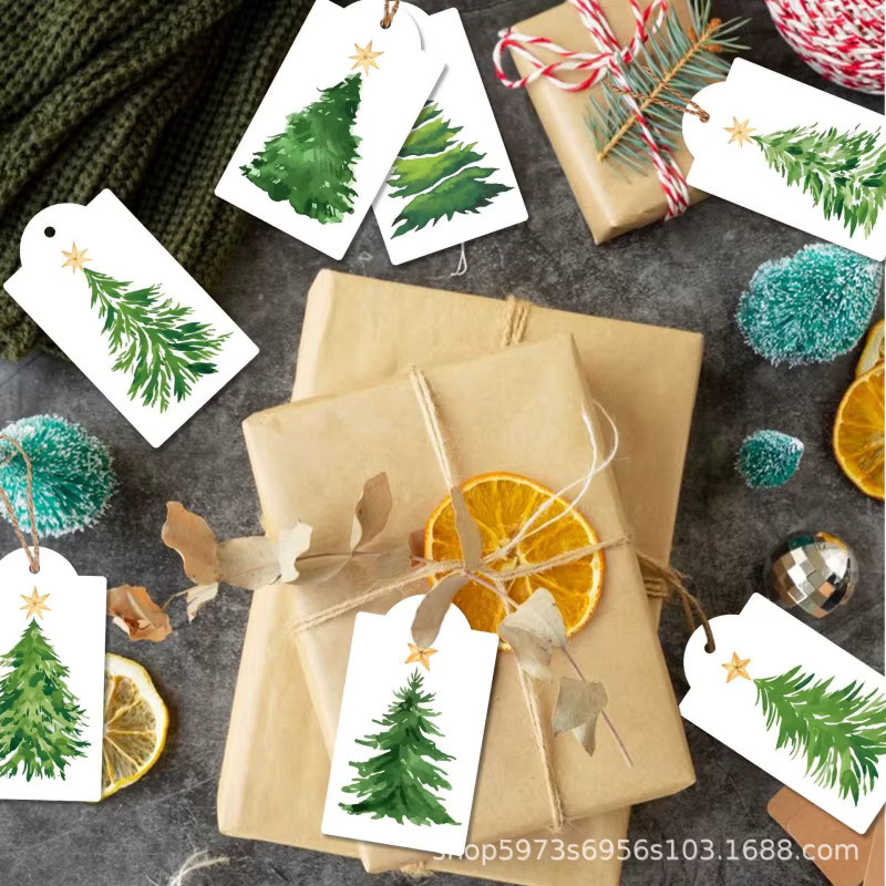 60 Stück Weihnachtsbaum-Ornament-Tags aus weißem Papier mit Aquarell-Kiefernbaum-Motiv und Hanfschnur zur DIY-Dekoration und als Geschenkanhänger - Bild 3