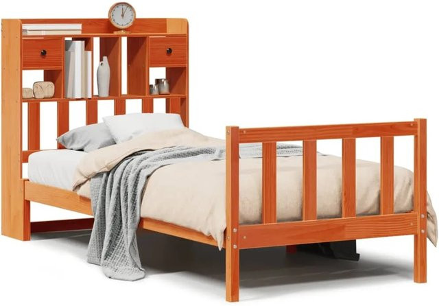 vidaXL Massivholzbett aus Kiefernholz mit Kopfteil und Regal in Braun, B/T/H: 75 x 190 x 110 cm - Bild 1