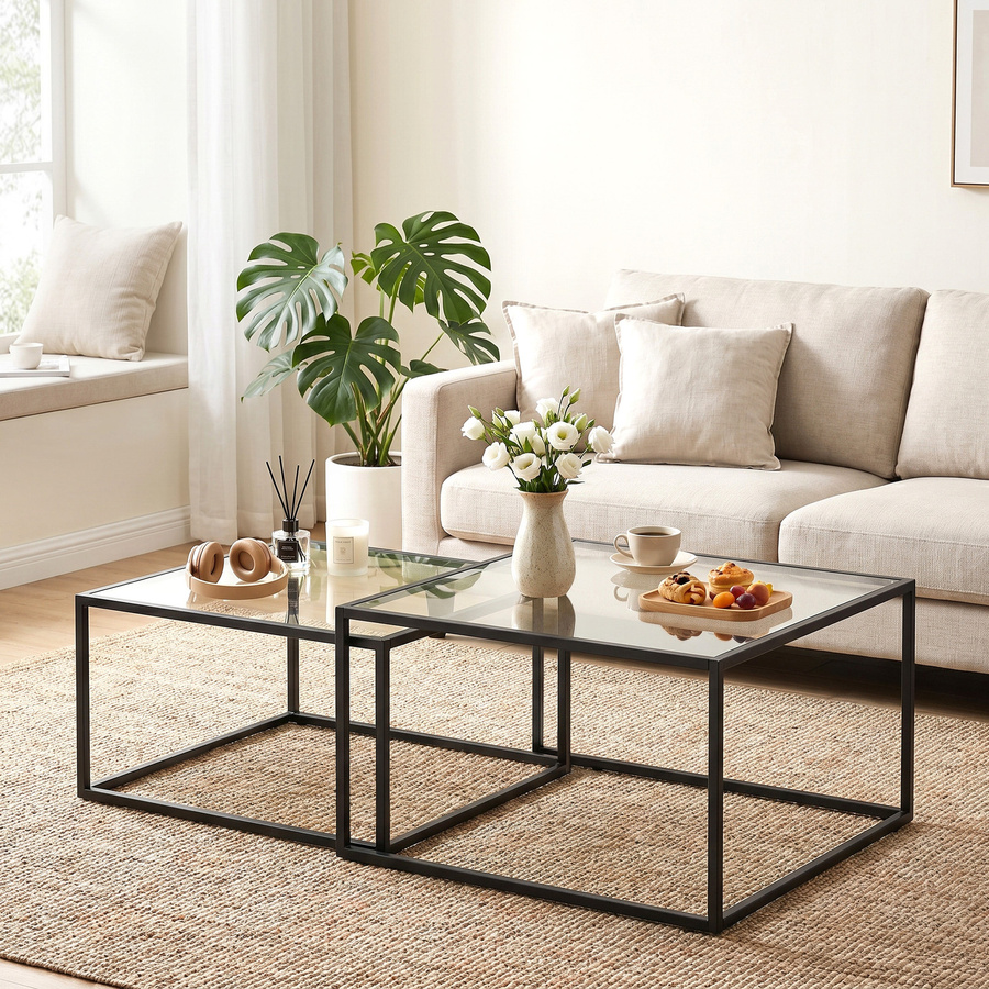 HOMCOM 2er-Set Couchtische rund mit gehärteter Glasplatte und Metallgestell in Schwarz - Bild 2