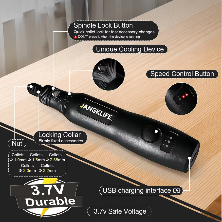JANGKLIFE USB Kabelloses Rotationswerkzeug-Set in Schwarz mit Akku für Gravur und DIY an Holz, Metall und Glas - Bild 3