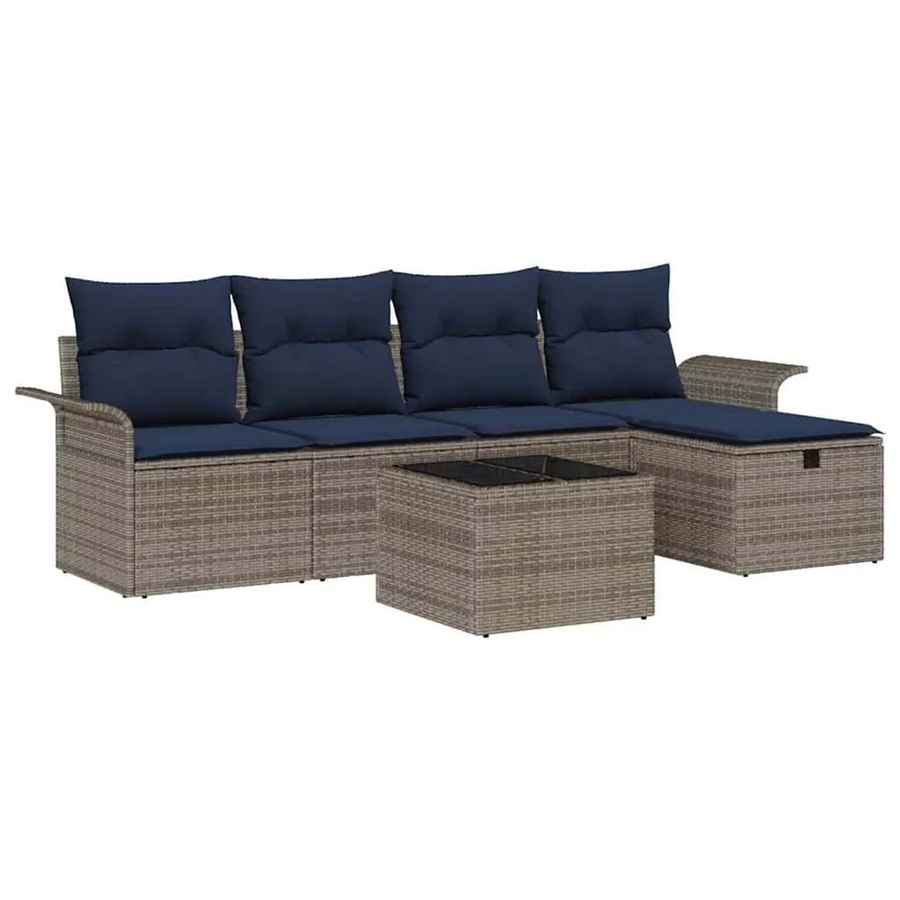 vidaXL Gartenmöbel-Set aus Polyrattan mit 6-teiliger L-Shape Lounge-Garnitur, Polsterkissen und integriertem Stauraum in Grau und Blau - Bild 2