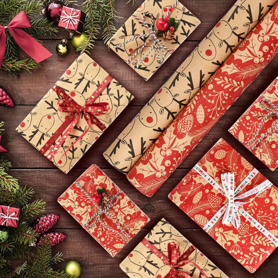 Weihnachts-Geschenkpapier Rolle aus Kraftpapier in Beige und Multicolour für Weihnachtsgeschenke und Party-Dekoration - Bild 3