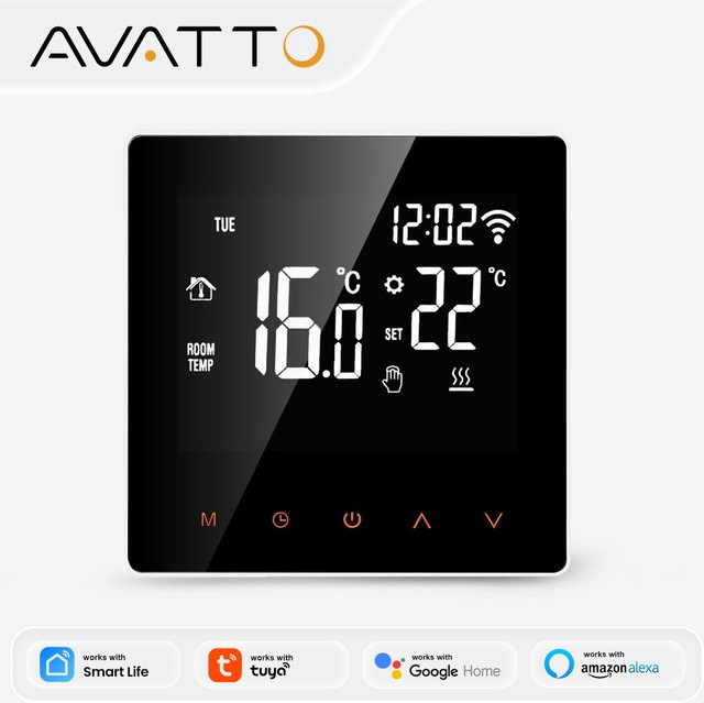 AVATTO WiFi Smart Thermostat in Schwarz zur Steuerung von elektrischer Fußbodenheizung (16A) und Wasser- oder Gasboilern (3A) mit Tuya und Google Home App-Steuerung - Bild 1