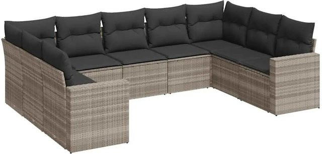 vidaXL 9-teilige Garten-Sofagarnitur in L-Form aus Poly-Rattan in Hellgrau mit Kissen und pulverbeschichtetem Stahlgestell - Bild 1