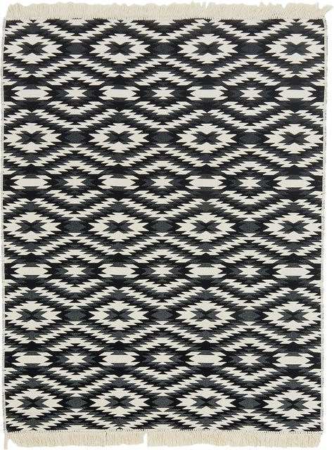 DONE Teppich Barcelona mit Fransen in Schwarz, geometrisches Flachgewebe aus Baumwolle und Polyester - Bild 1