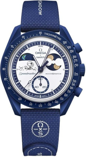 Swatch x Omega Moon Mission To Earthphase Moonshine Snoopy Gold Herrenarmbanduhr, Quarz, Keramik, Weiß, Textil/NATO - Bild 1