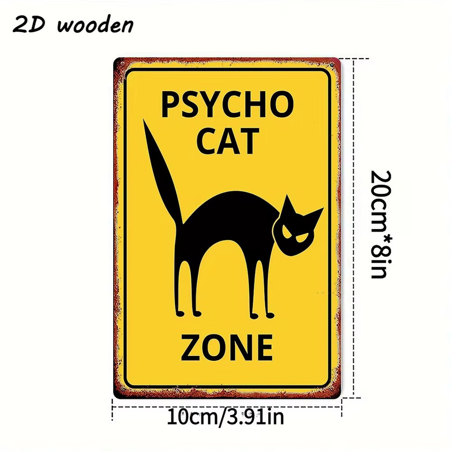 Zone Denmark Psycho Cat Zone Holzschild im Vintage Horror-Design, Gelb-Schwarz - Bild 5