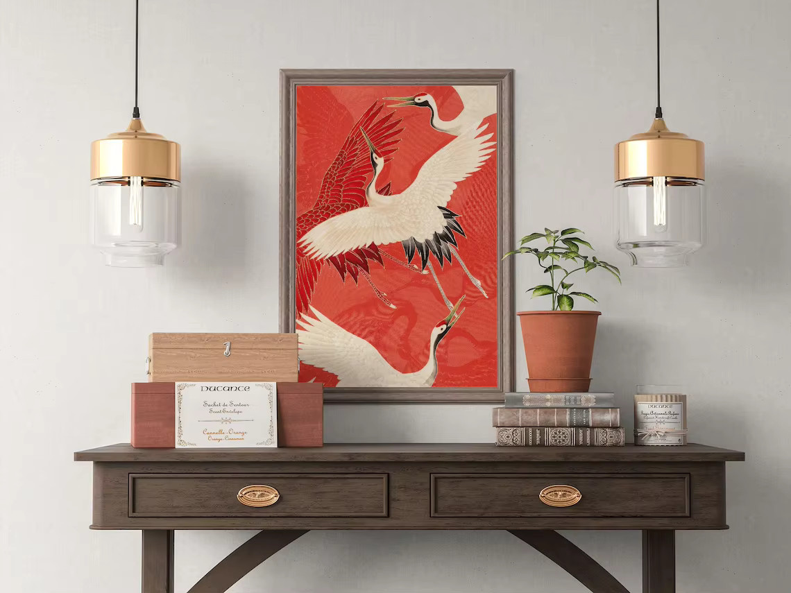 SHENCHEN Japanisches Vintage-Poster mit Kranich-Vogel-Illustration als Kunstdruck aus Papier in Rot - Bild 2