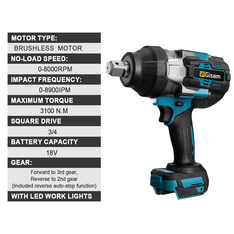 Gisam GΣ 3100 N.M Bürstenloser Akku-Schlagschrauber mit 3/4 Zoll Antrieb, kompatibel mit Makita 18 V Akku - Bild 3