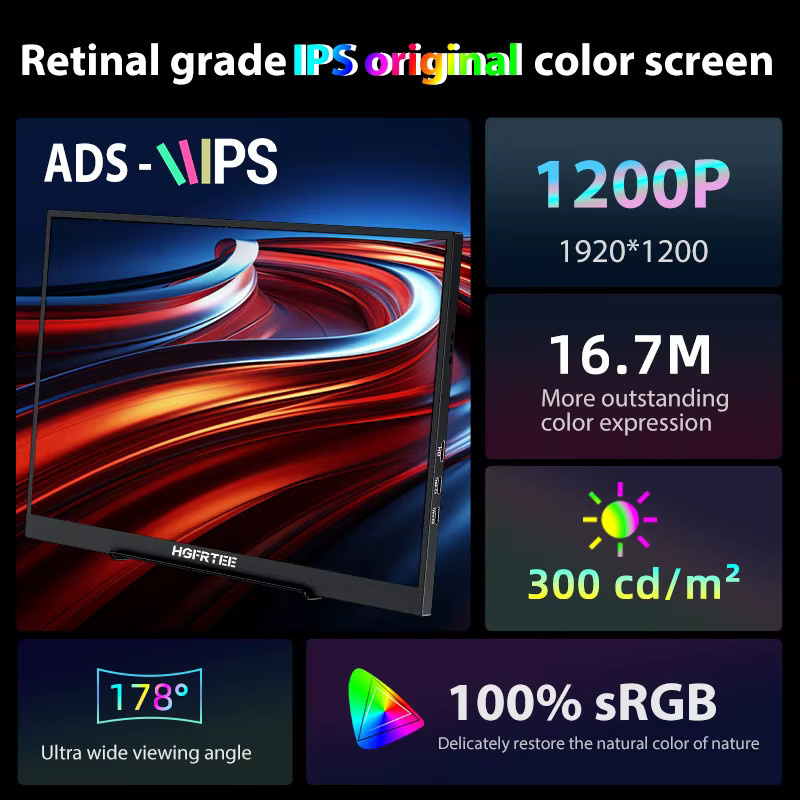 HGFRTEE Tragbarer 16 Zoll Monitor in Schwarz mit Full HD Auflösung, 100 % sRGB, 60 Hz und VESA-Halterung für Laptop, PC, Telefon und MAC - Bild 2
