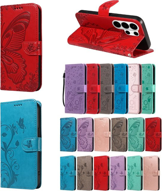Magnetische Leder-Brieftaschenhülle für Samsung Galaxy S26 Plus, S26 Edge oder S26 Ultra in Rot mit 3D-Schmetterlingsprägung und Ständerfunktion - Bild 1