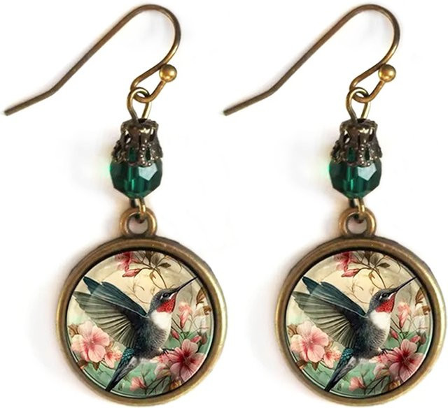 konminry Ohrringe, Vintage, Perle, Kolibri, Blume, Glas, Messing, Gold, Damen - Bild 1