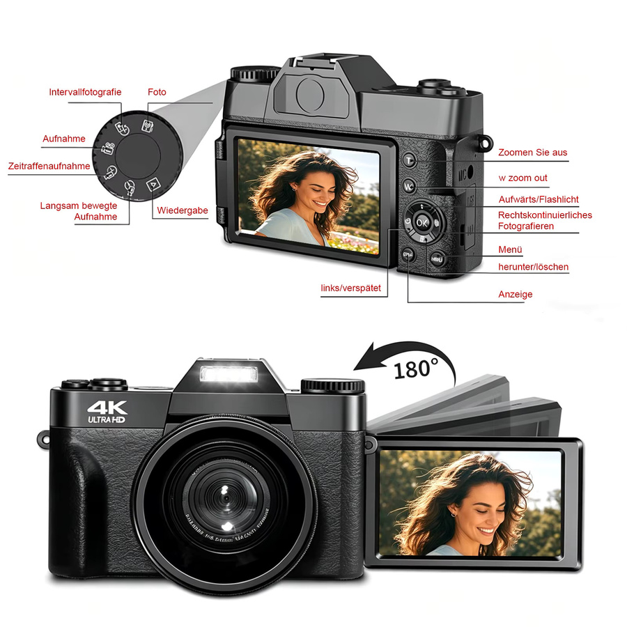 Demann Digitalkamera 4K mit 48 Megapixeln, kompakte Vlog Kamera in Schwarz mit 180 Grad klappbarem LCD-Bildschirm, WLAN und HDMI Anschluss - Bild 6