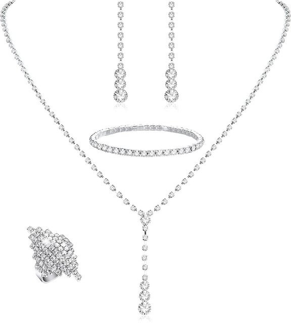 Allbestart Schmuck-Set, Halskette, Ohrringe, Armband, Ring, Messing, Weiß, Zirkonia, Damen - Bild 1