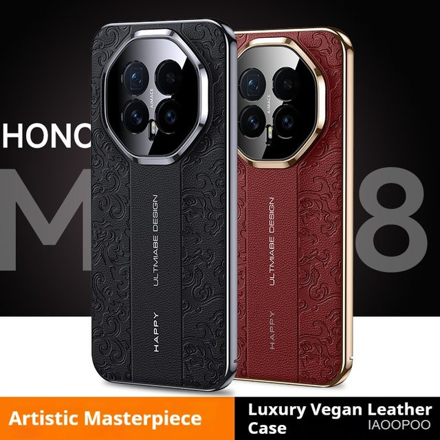 Luxuriöse Honor Schutzhülle aus galvanisiertem Hart-PC mit Lederrückseite in Schwarz für Honor Magic 8 Pro, Magic 7 und Magic 6 - Bild 1