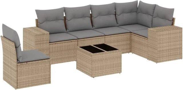 vidaXL 7-teilige Garten-Sofagarnitur in L-Form aus Poly-Rattan und pulverbeschichtetem Stahl mit Kissen in Beige und Grau - Bild 1
