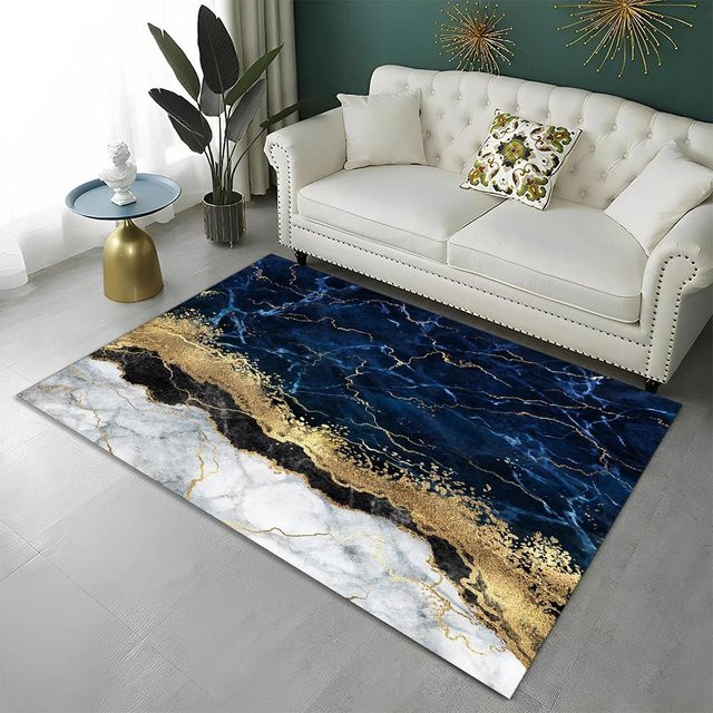 Wucifang Jewelry Teppich Läufer Nordischer Grünes Gold Blau Schwarz Marmor Design, Rutschfest und Waschbar, B/T: 40 x 60 cm - Bild 1
