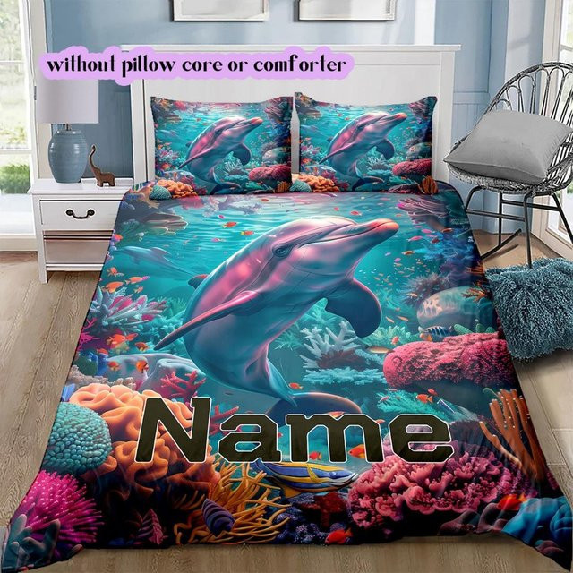 Personalisierbares Bettwäscheset mit Delfin-Motiv im 3D-Druck, 3-teiliges Bettbezug-Set für Einzelbetten, Breite: 135 cm, Länge: 200 cm - Bild 1