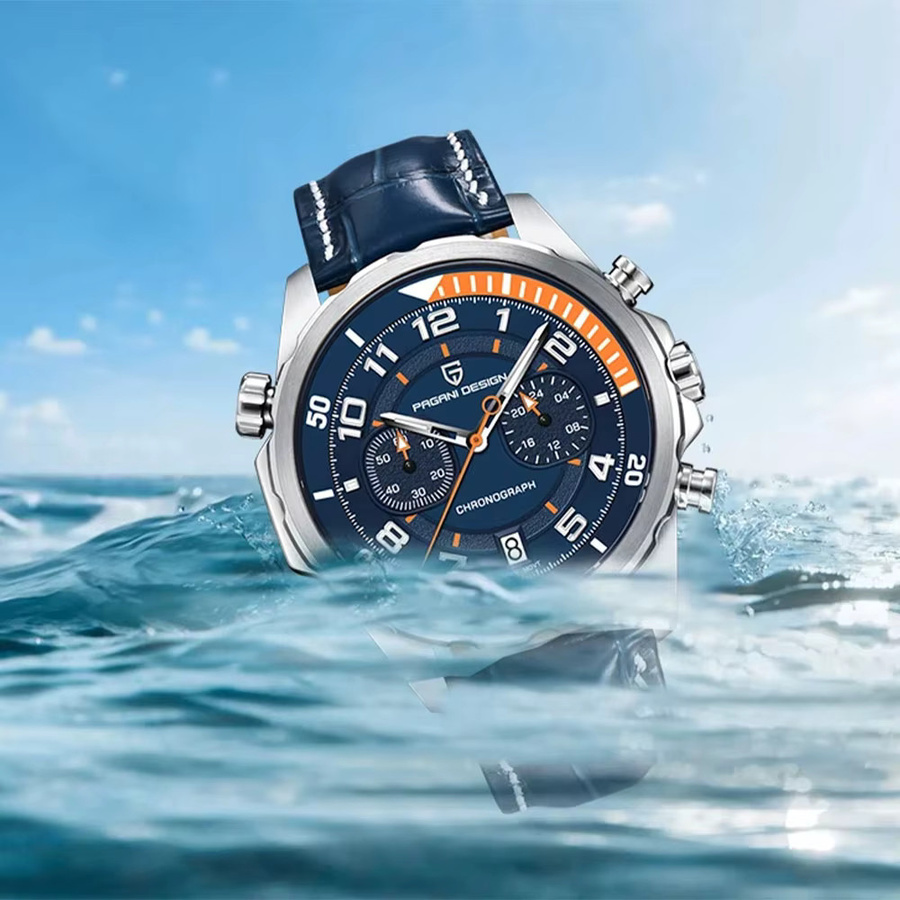 PAGANI DESIGN Chronograph, Quarz, Edelstahl, Leder, 44 mm, Herren, Grün - Bild 6