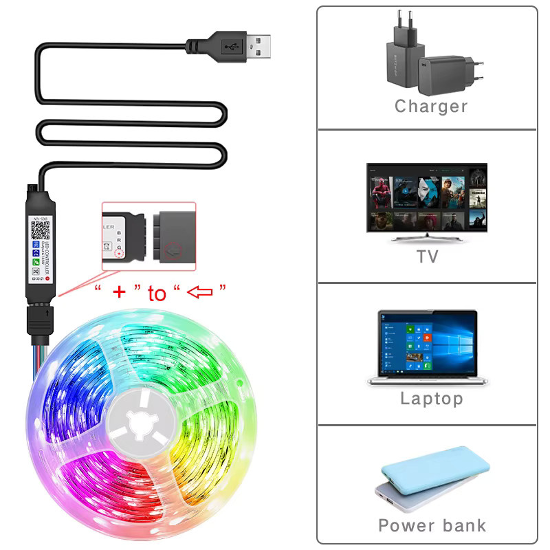RGB LED Lichtstreifen mit Bluetooth und WiFi zur App-Steuerung und Fernbedienung, 5050 SMD LED Band für TV Hintergrundbeleuchtung und Schlafzimmer, USB 5V, Mehrfarbig - Bild 5