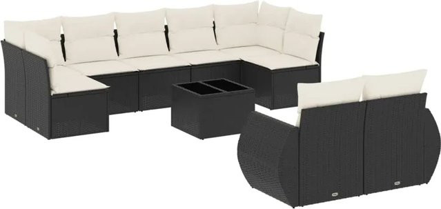 vidaXL 10-tlg Garten-Sofagarnitur in L-Form aus Polyrattan mit Kissen in Schwarz-Creme - Bild 1