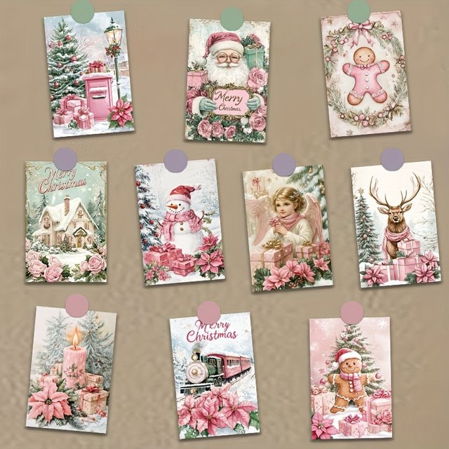 10 Stück rosa Weihnachtskarten im Vintage-Stil mit Motiv aus Weihnachtsmann und Engeln, selbstklebende Grußkarten aus Papier für Wand und Kühlschrank - Bild 1