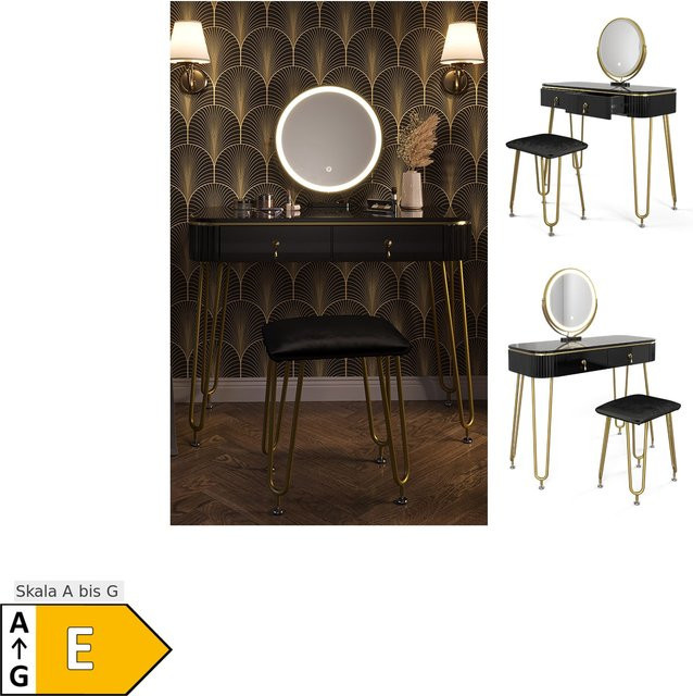 Vicco Schminktisch Grace Schwarz Hochglanz mit LED-Spiegel und Hocker, B: 100 cm, H: 126 cm, T: 40 cm - Bild 1