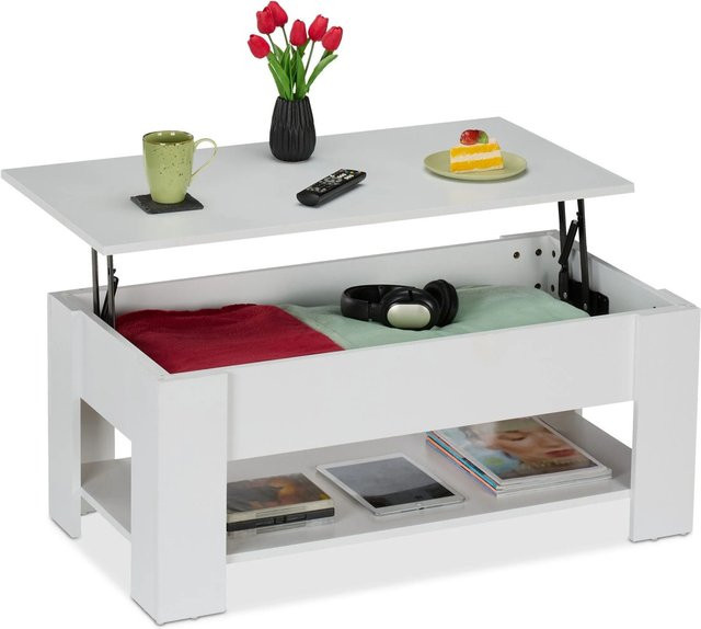 Relaxdays Couchtisch modern in Weiß, höhenverstellbar und aufklappbar, B/T/H: 98 x 50 x 42 cm - Bild 1