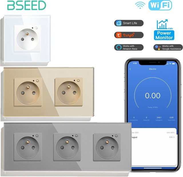 BSEED Smart Steckdose mit Wifi und Power Monitor, Französischer Standard, 16A, Farbe: Weiß, Tuya Alexa Steuerung mit Timing Funktion - Bild 1