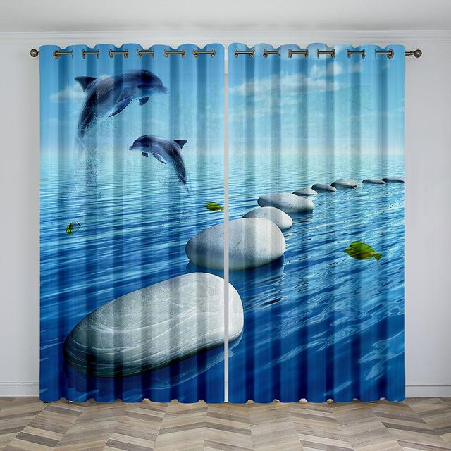 Yiran Furniture Vorhänge mit Meereswelt-Delfin-Motiv in Blau, 2er-Set mit Haken, B: 50 cm, H: 130 cm - Bild 1