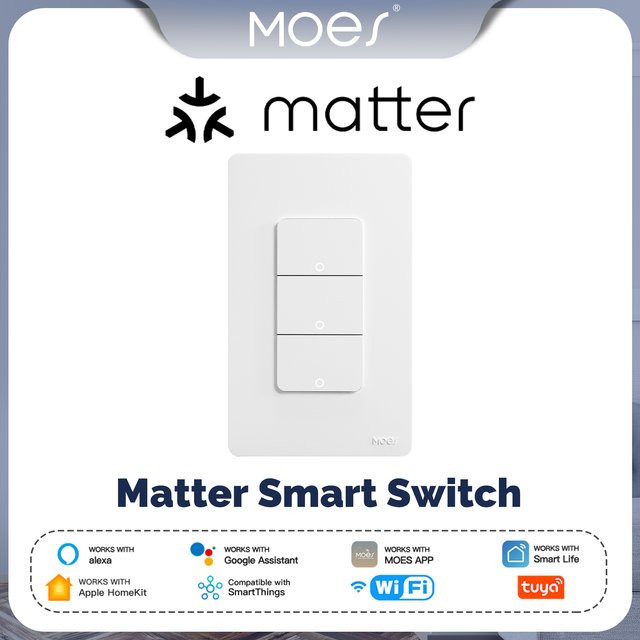 MOES Smart Switch Tuya WiFi Matter Lichttaste in Weiß mit Neutralleiter für App-Steuerung, Alexa, Google Home und Apple HomeKit, B/T/H: 11,8 x 7,2 x 3,62 cm - Bild 1