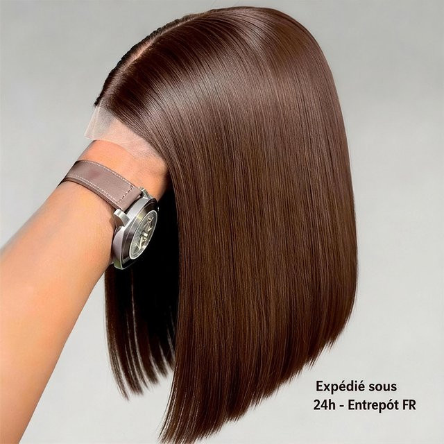 HJ WEAVE BEAUTY Bob-Perücke, 16 Zoll, 100 % Echthaar, schokoladenbraun, Damen - Bild 1