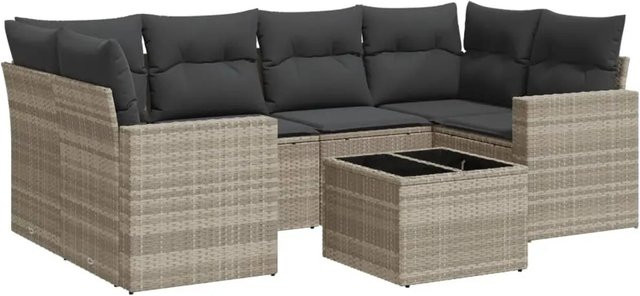 vidaXL 7-teilige Garten-Sofagarnitur in L-Form aus Poly-Rattan mit hellgrauen Kissen und pulverbeschichtetem Stahlgestell - Bild 1