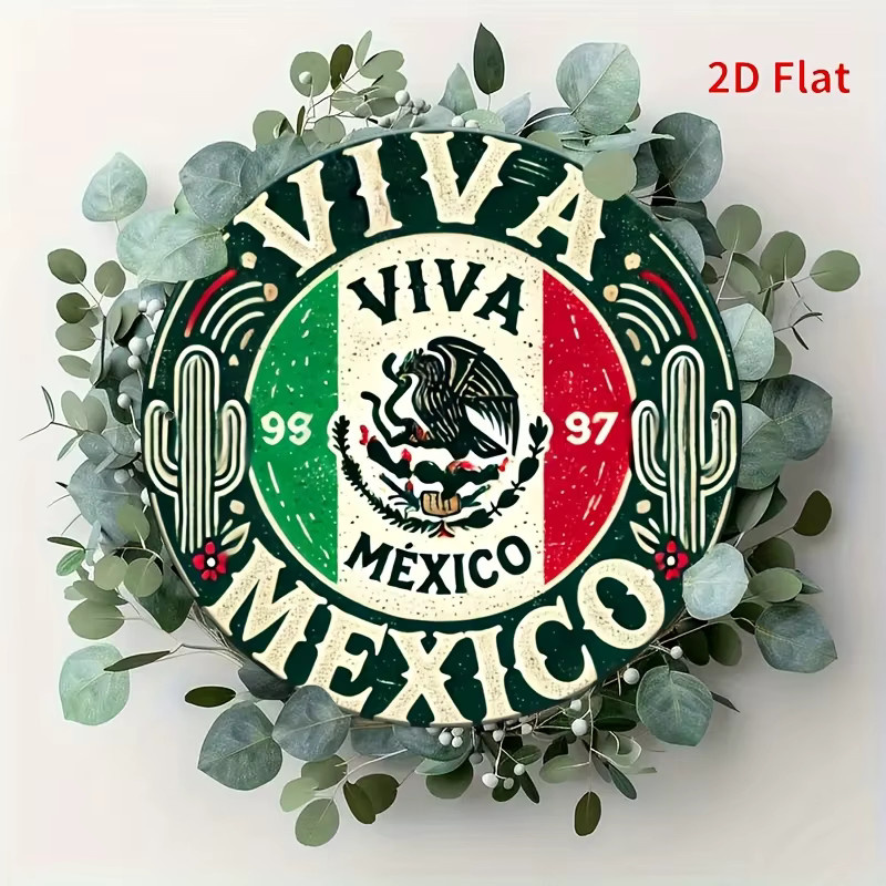 Potdemiel Vintage Mexico Rundes Metallschild mit Kaktus- und Blumenmuster, Durchmesser: 19,81 cm, Mehrfarbig - Bild 3