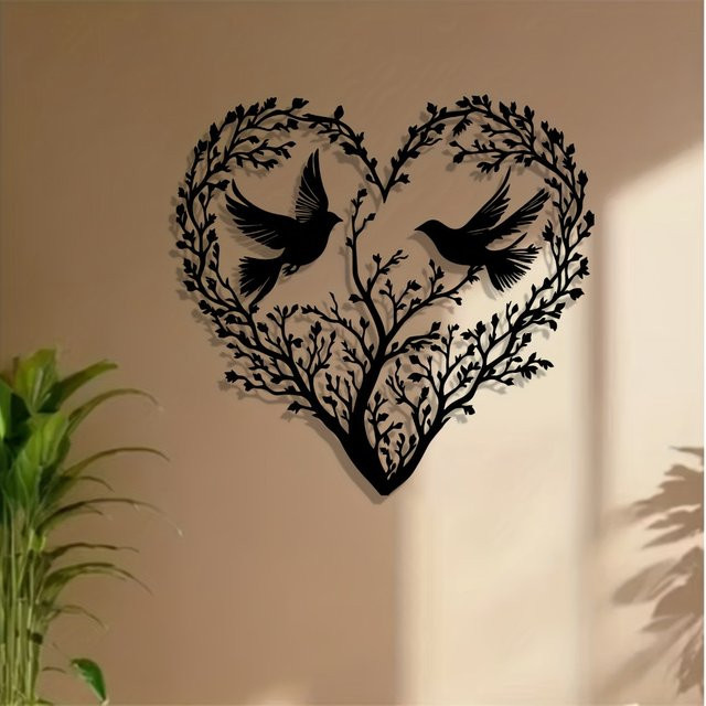 CIFBUY Metall-Wandkunst Herzbaum mit Vögeln in Schwarz als Natur-Dekoration - Bild 1