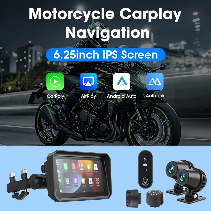 Srnubi Motorrad DVR Navigator mit 6,25 Zoll Display, 4K Frontkamera und 1080P Rückkamera, kabelloses CarPlay und Android Auto mit Moto TPMS, Schwarz - Bild 2