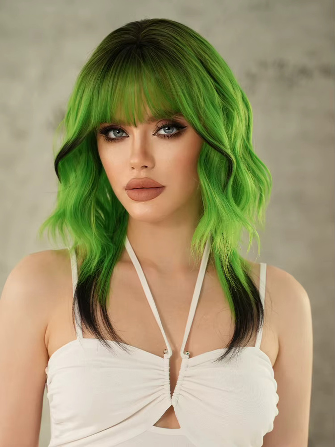 7JHH WIGS Perücke, schulterlange Wasserwellen, grün, Ombre schwarz, Damen - Bild 6