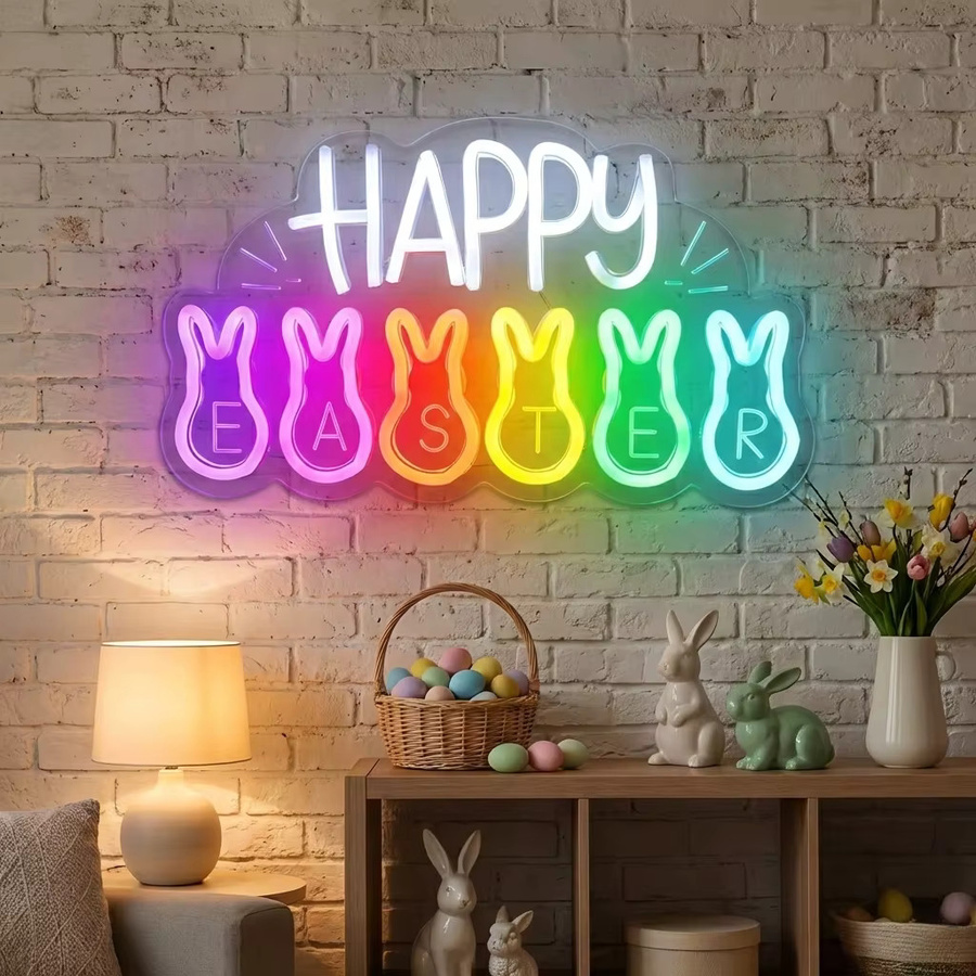 Dimmbares Neon-Schild Happy Easter in Multicolour als Wanddekoration für deine Osterparty, das per USB betrieben wird - Bild 2