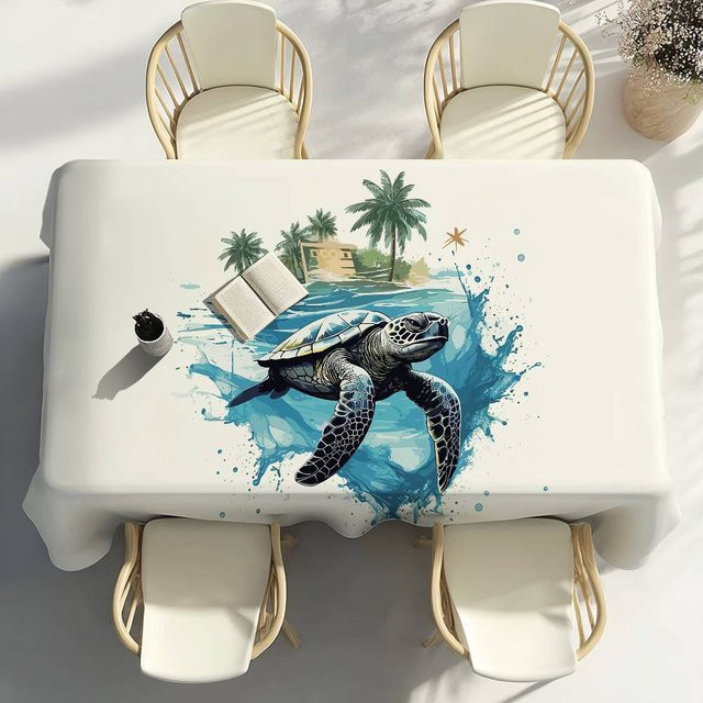 Wasserdichte und fleckenabweisende Tischdecke mit Aquarell-Meeresschildkröte von Fancy Style Studio, Blau, B: 100 cm, T: 140 cm - Bild 1